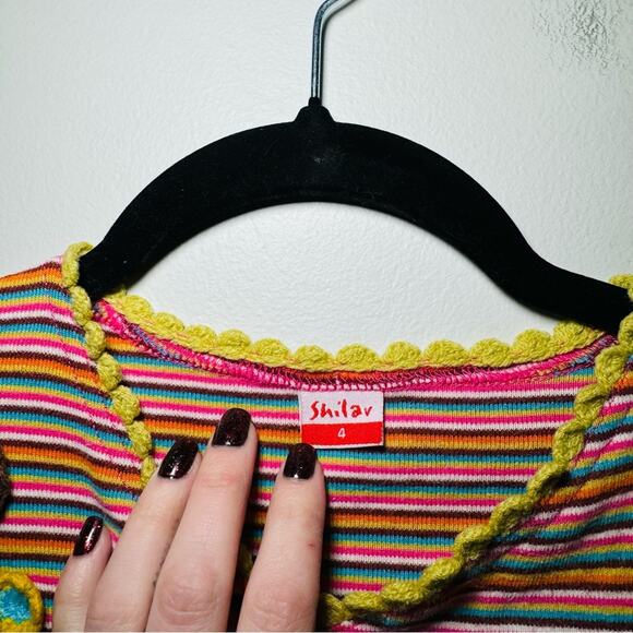 Shilav Girls Crochet Striped Long Sleeve Dress Size 4 - Picture 7 of 9